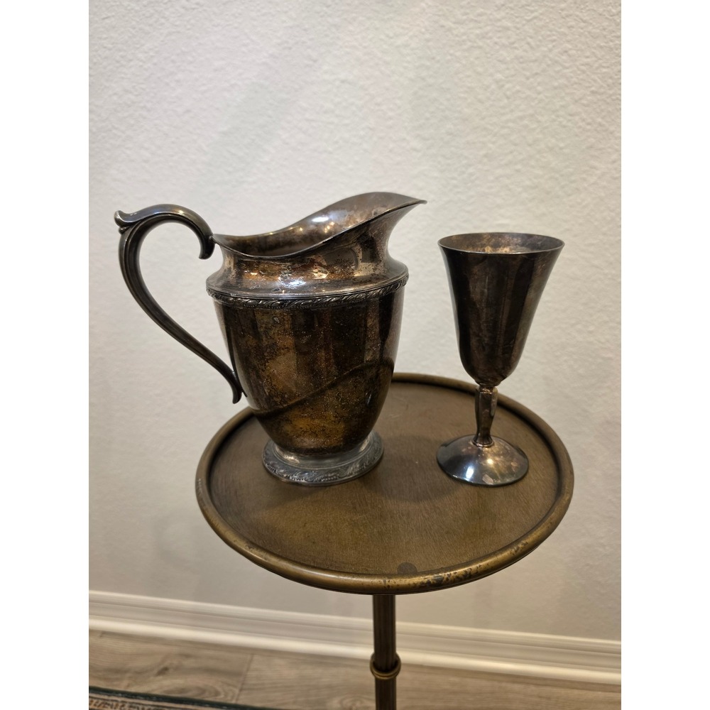 Vintage Silver colored Water Pitcher and Goblet Set Ornate Barware Decor